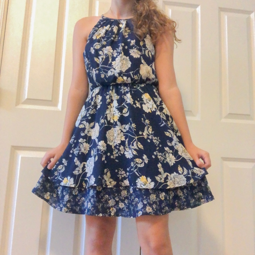 Francesca’s navy blue halter dress